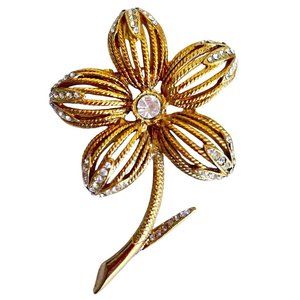 Goldtone and Rhinestone Single Flower on Stem Brooch Filigree 3"